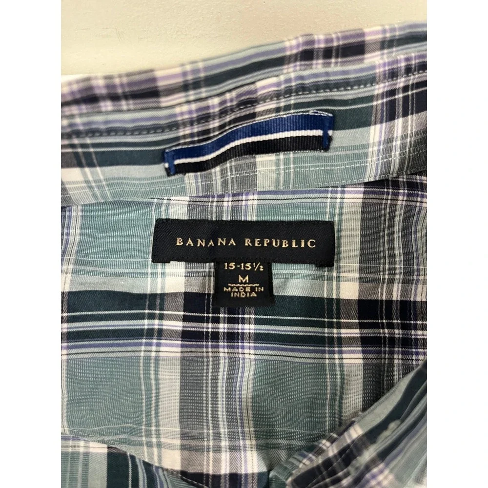Banana Republic Mens M‎ Western Snap Front Plaid Shirt Teal Navy Long Sleeve